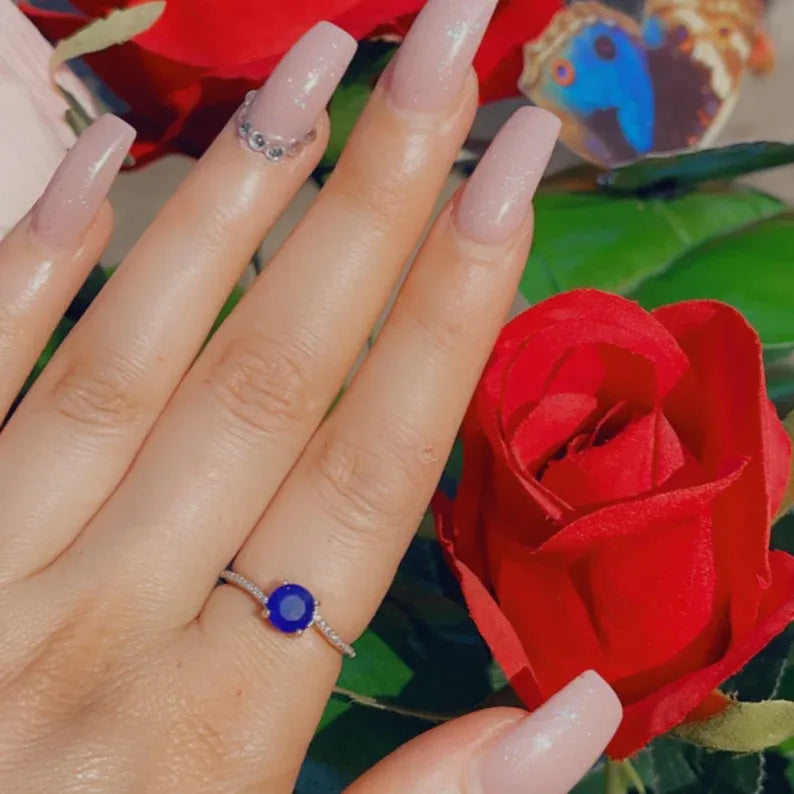 Solitaire 1ct Round Natural Mozambique Blue Sapphire &amp; Diamond Ring, 925 Sterling Silver, Engagement Wedding Ring, Dainty Ring, Promise Ring