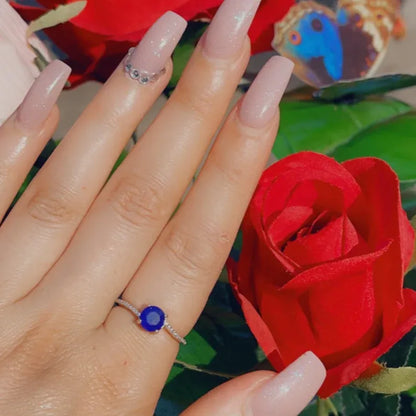 Solitaire 1ct Round Natural Mozambique Blue Sapphire &amp; Diamond Ring, 925 Sterling Silver, Engagement Wedding Ring, Dainty Ring, Promise Ring