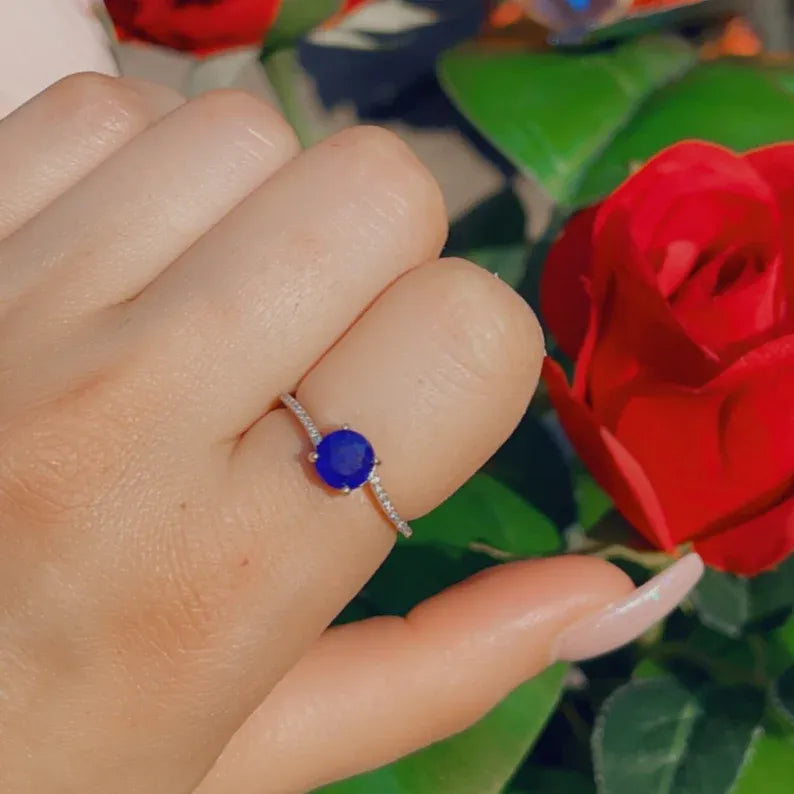 Solitaire 1ct Round Natural Mozambique Blue Sapphire &amp; Diamond Ring, 925 Sterling Silver, Engagement Wedding Ring, Dainty Ring, Promise Ring