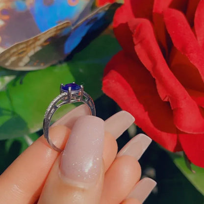 Solitaire 1ct Round Natural Mozambique Blue Sapphire &amp; Diamond Ring, 925 Sterling Silver, Engagement Wedding Ring, Dainty Ring, Promise Ring