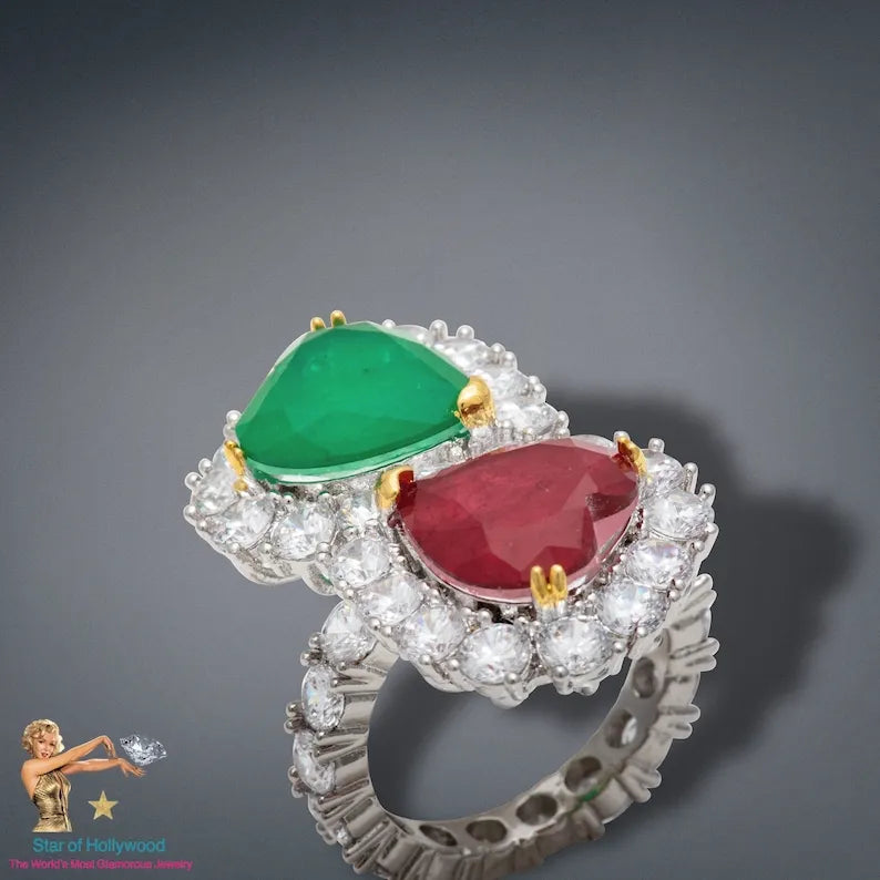 Mother &amp; Daughter, Double Heart, Ruby and Emerald Ring, July and May Birthstones, Luxury Edition, Handcrafted Masterpiece, Gift for Her