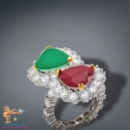 Breathtaking Mother &amp; Daughter, Double Heart, Ruby Emerald and Diamond Ring, July and May Birthstones, Handcrafted Piece, Gift for Her