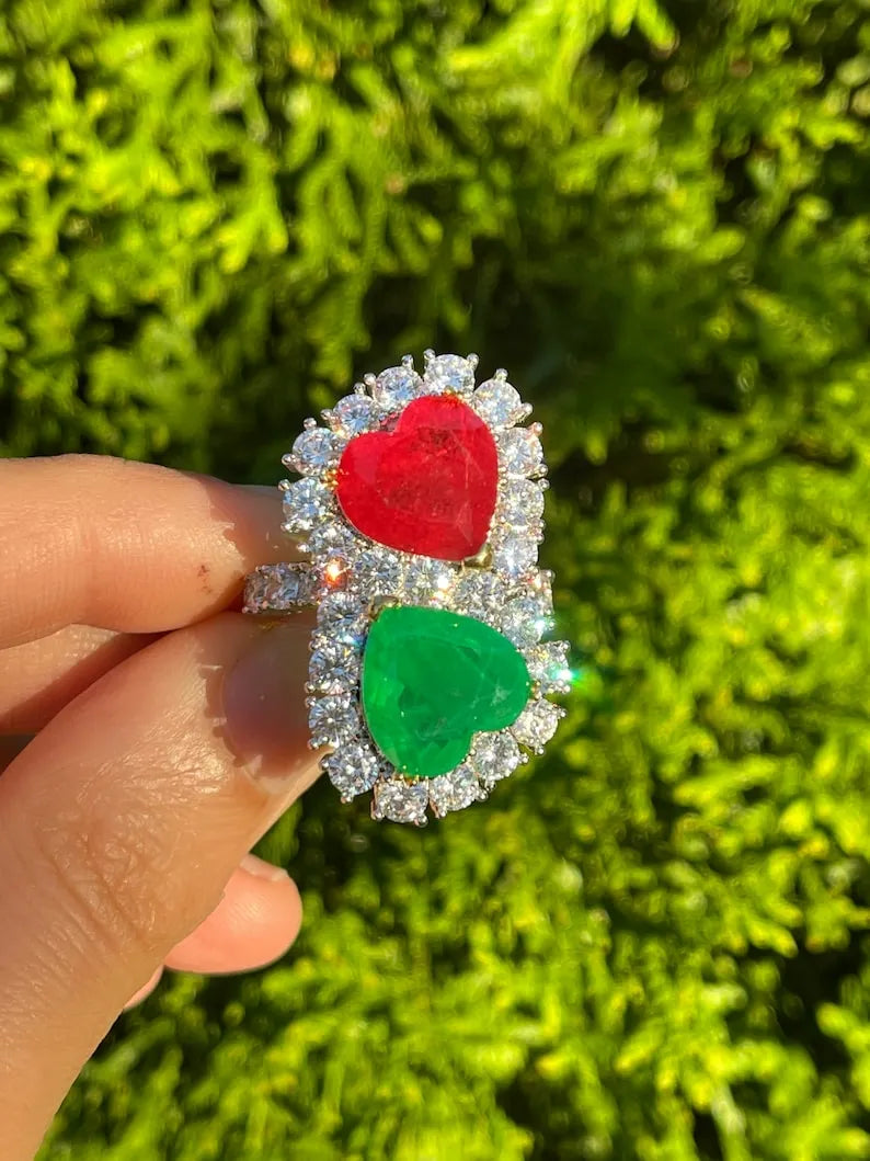 Mother &amp; Daughter, Double Heart, Ruby and Emerald Ring, July and May Birthstones, Luxury Edition, Handcrafted Masterpiece, Gift for Her