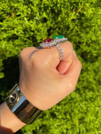 Mother &amp; Daughter, Double Heart, Ruby and Emerald Ring, July and May Birthstones, Luxury Edition, Handcrafted Masterpiece, Gift for Her