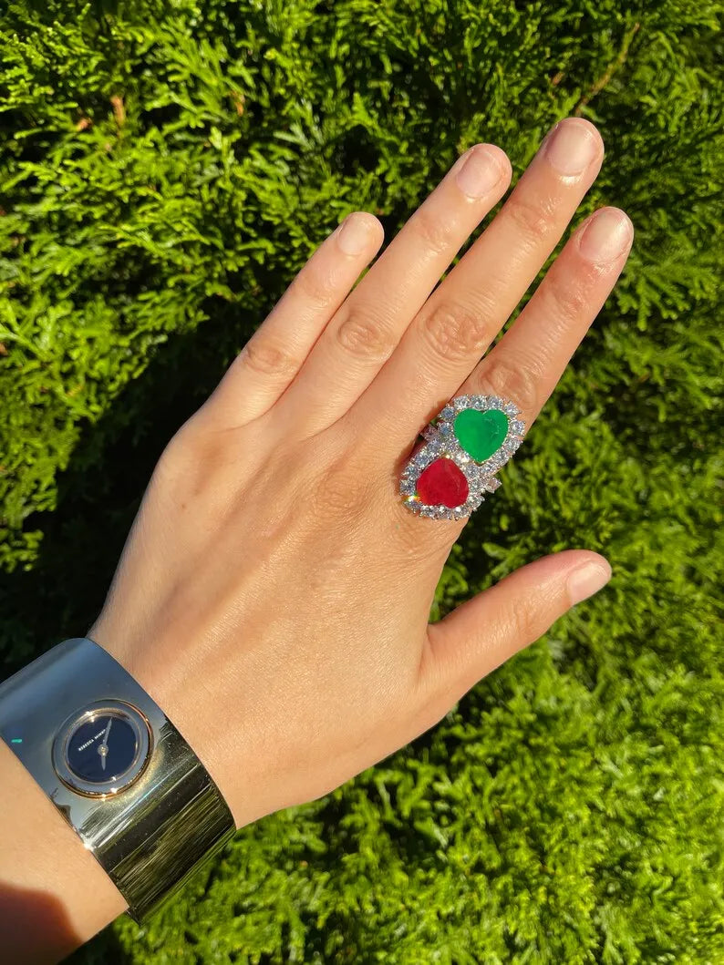 Mother &amp; Daughter, Double Heart, Ruby and Emerald Ring, July and May Birthstones, Luxury Edition, Handcrafted Masterpiece, Gift for Her