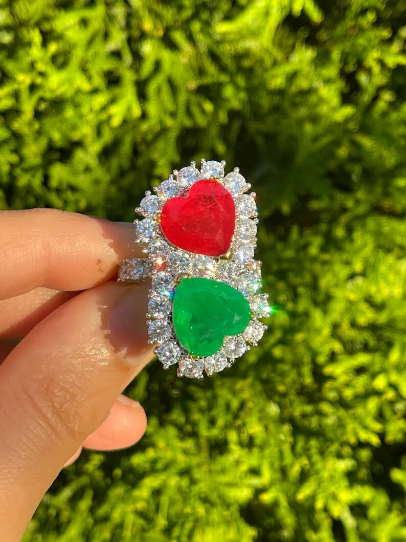 Mother &amp; Daughter, Double Heart, Ruby and Emerald Ring, July and May Birthstones, Luxury Edition, Handcrafted Masterpiece, Gift for Her