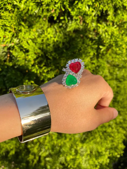 Mother &amp; Daughter, Double Heart, Ruby and Emerald Ring, July and May Birthstones, Luxury Edition, Handcrafted Masterpiece, Gift for Her
