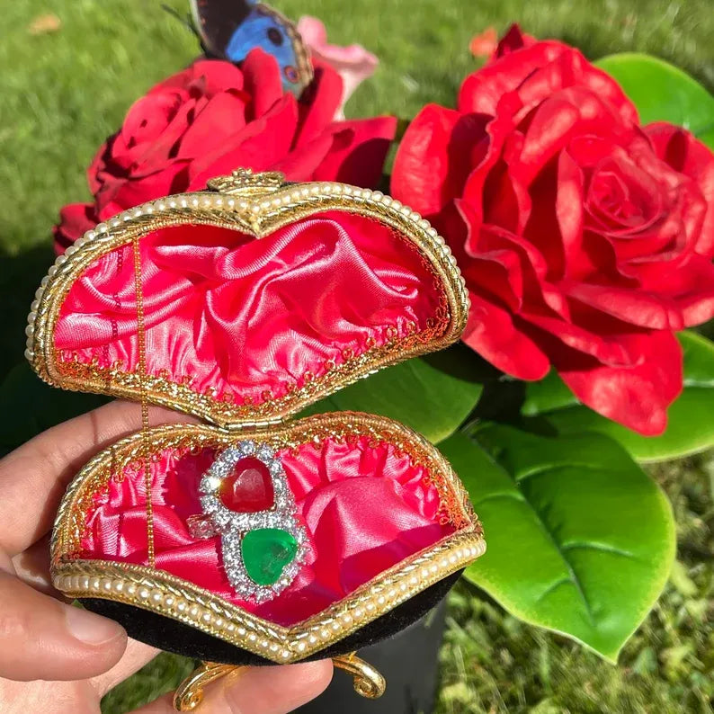 Luxury Edition, Mother &amp; Daughter, Double Heart, Ruby Emerald and Diamond Ring, July and May Birthstones, Handcrafted Piece, Gift for Her