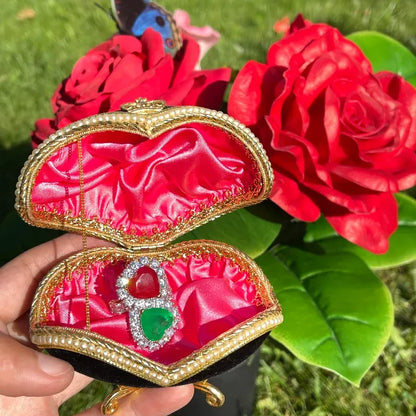 Luxury Edition, Mother &amp; Daughter, Double Heart, Ruby Emerald and Diamond Ring, July and May Birthstones, Handcrafted Piece, Gift for Her