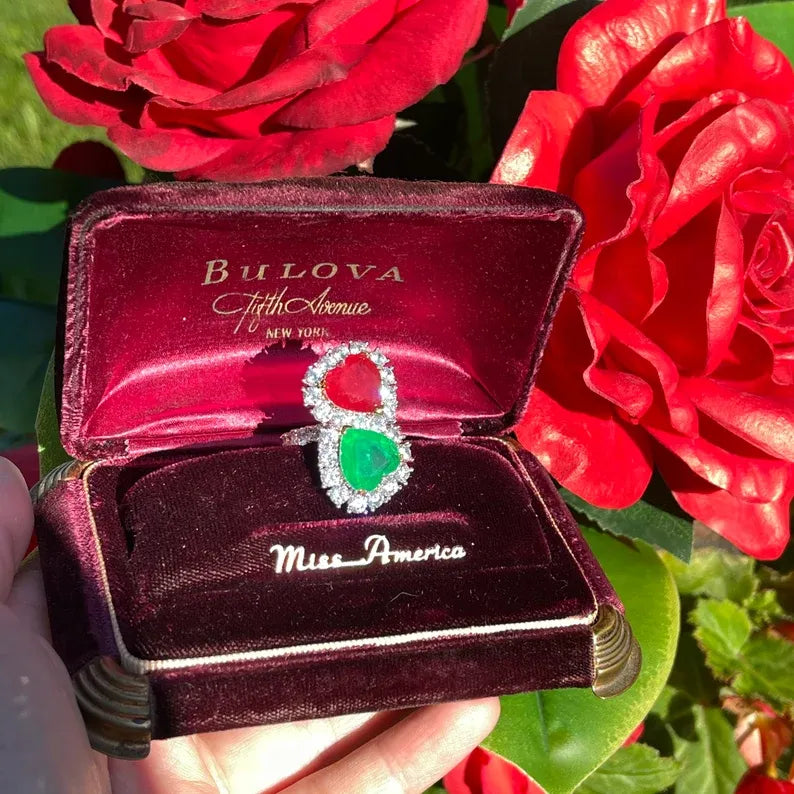 Mesmerizing Fabulous Magnificent Mother &amp; Daughter, Double Heart, Ruby and Emerald Ring, July and May Birthstones, Luxury Gift for Her