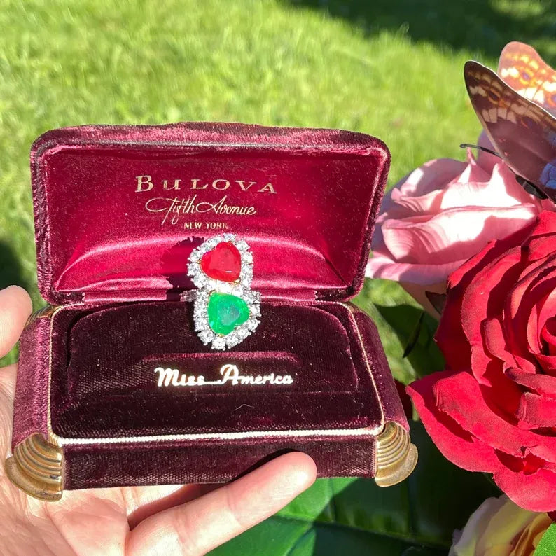 Mesmerizing Fabulous Magnificent Mother &amp; Daughter, Double Heart, Ruby and Emerald Ring, July and May Birthstones, Luxury Gift for Her
