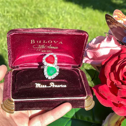 Mesmerizing Fabulous Magnificent Mother &amp; Daughter, Double Heart, Ruby and Emerald Ring, July and May Birthstones, Luxury Gift for Her