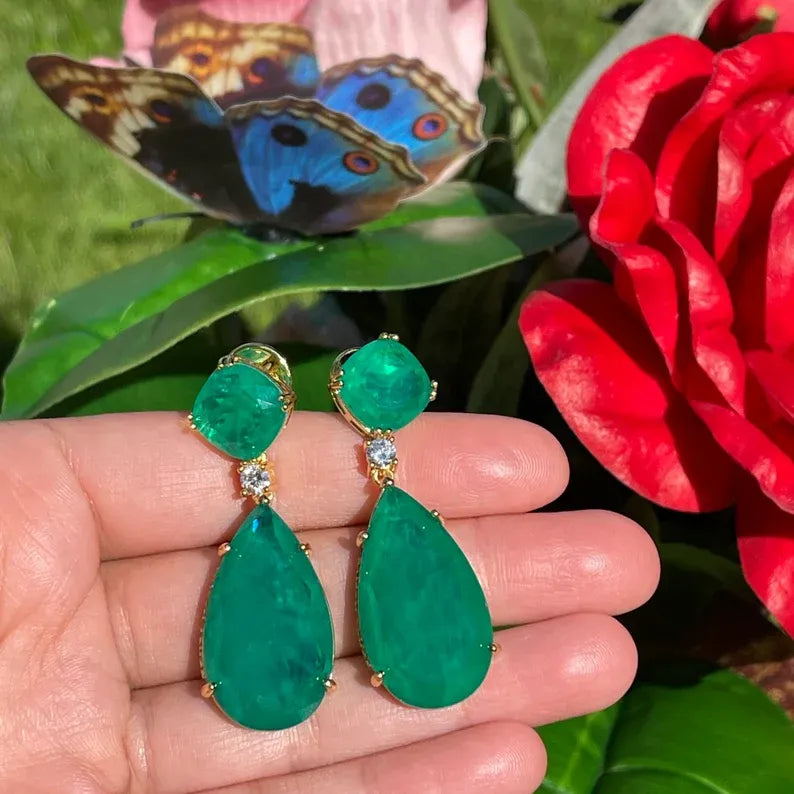 Exotic 100% Genuine Zambian Emerald Dangle &amp; Drop Earrings Jewelry 45mm long, 18K Yellow Gold Vermeil