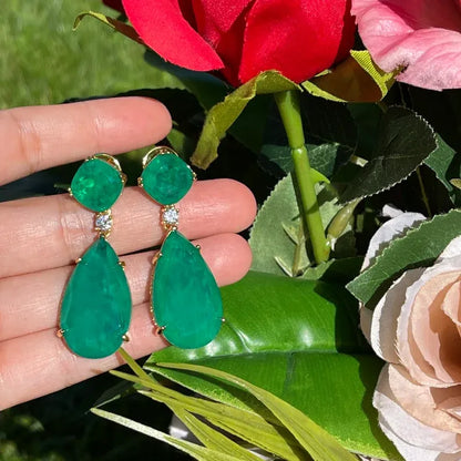 Exotic 100% Genuine Zambian Emerald Dangle &amp; Drop Earrings Jewelry 45mm long, 18K Yellow Gold Vermeil