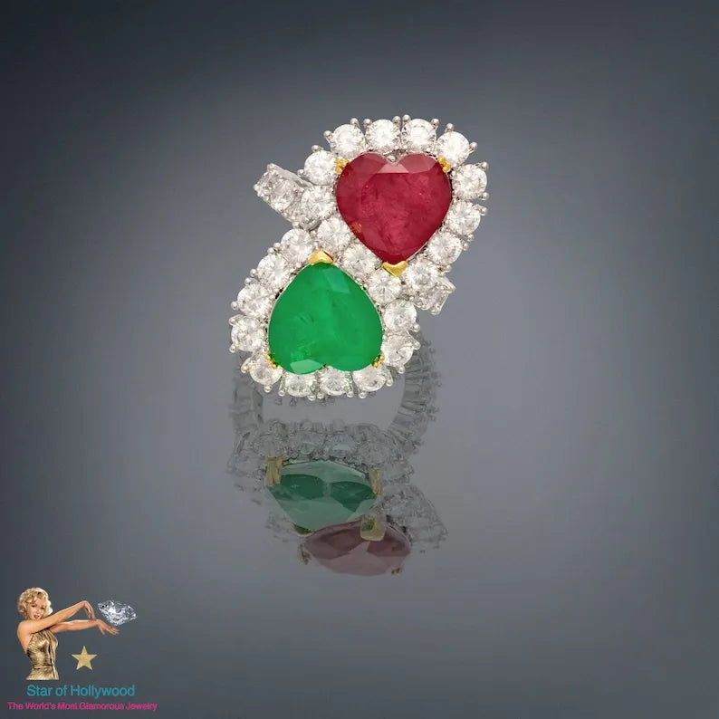 Breathtaking Mother &amp; Daughter, Double Heart, Ruby Emerald and Diamond Ring, July and May Birthstones, Handcrafted Piece, Gift for Her