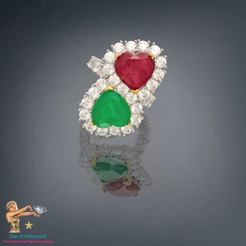 Mother &amp; Daughter, Double Heart, Ruby and Emerald Ring, July and May Birthstones, Luxury Edition, Handcrafted Masterpiece, Gift for Her
