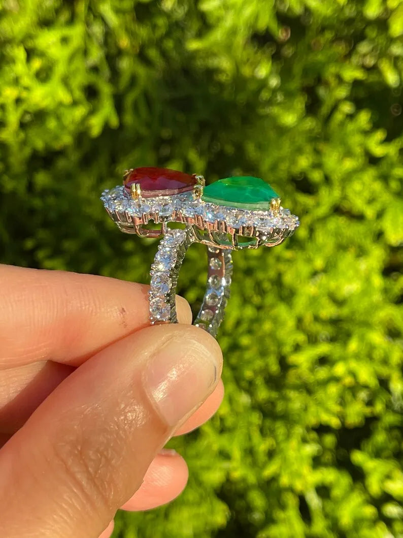 Mother &amp; Daughter, Double Heart, Ruby and Emerald Ring, July and May Birthstones, Luxury Edition, Handcrafted Masterpiece, Gift for Her