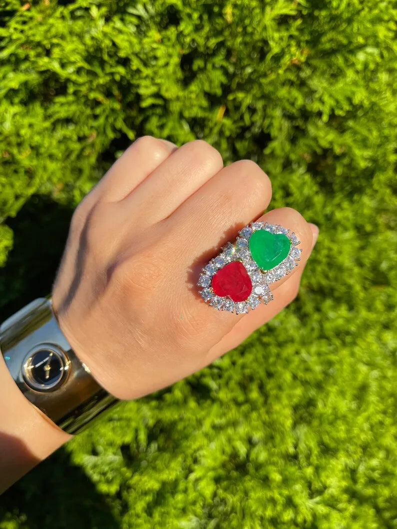 Mother &amp; Daughter, Double Heart, Ruby and Emerald Ring, July and May Birthstones, Luxury Edition, Handcrafted Masterpiece, Gift for Her