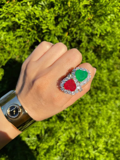 Mother &amp; Daughter, Double Heart, Ruby and Emerald Ring, July and May Birthstones, Luxury Edition, Handcrafted Masterpiece, Gift for Her
