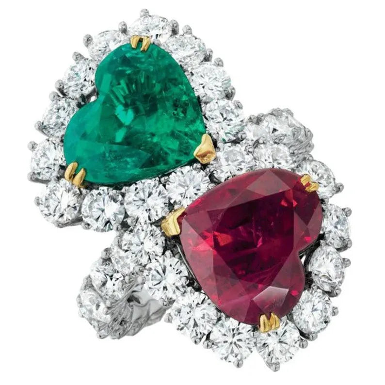 Breathtaking Mother &amp; Daughter, Double Heart, Ruby Emerald and Diamond Ring, July and May Birthstones, Handcrafted Piece, Gift for Her