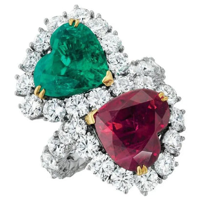 Luxury Edition, Mother &amp; Daughter, Double Heart, Ruby Emerald and Diamond Ring, July and May Birthstones, Handcrafted Piece, Gift for Her