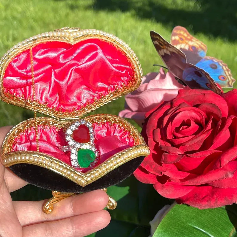 Breathtaking Mother &amp; Daughter, Double Heart, Ruby Emerald and Diamond Ring, July and May Birthstones, Handcrafted Piece, Gift for Her