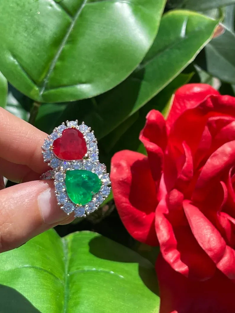 Breathtaking Mother &amp; Daughter, Double Heart, Ruby Emerald and Diamond Ring, July and May Birthstones, Handcrafted Piece, Gift for Her