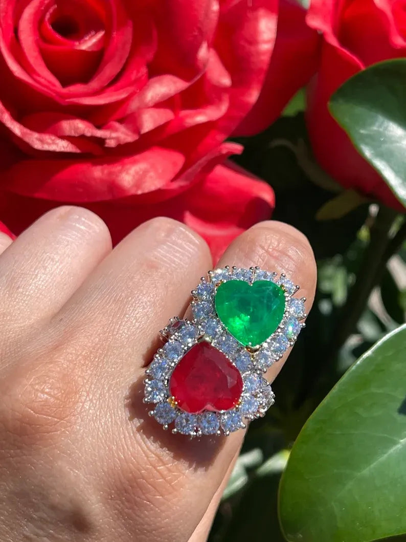 Breathtaking Mother &amp; Daughter, Double Heart, Ruby Emerald and Diamond Ring, July and May Birthstones, Handcrafted Piece, Gift for Her