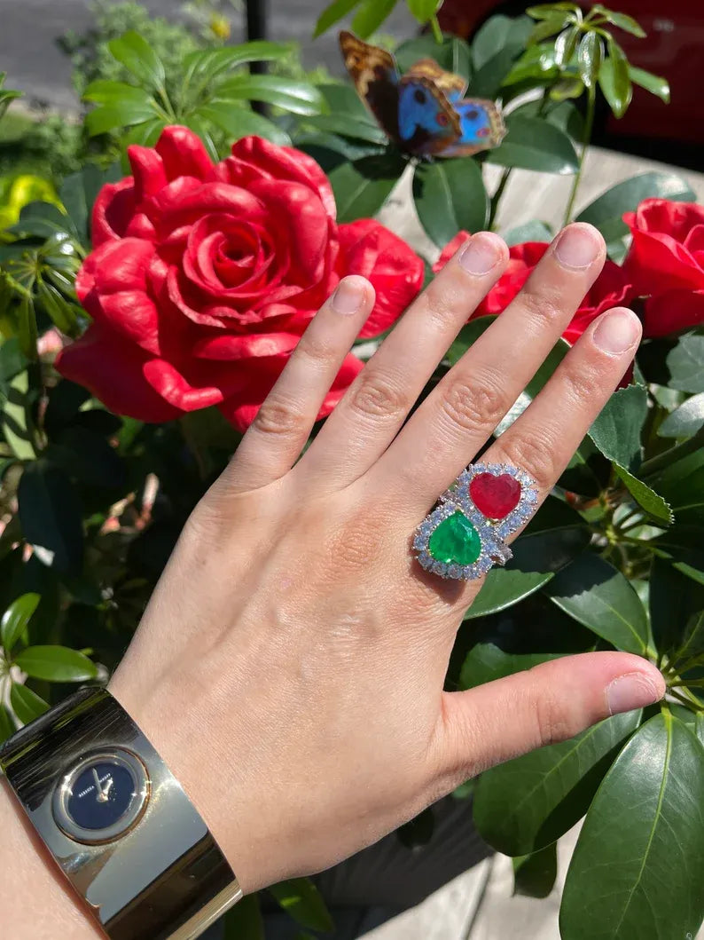 Breathtaking Mother &amp; Daughter, Double Heart, Ruby Emerald and Diamond Ring, July and May Birthstones, Handcrafted Piece, Gift for Her