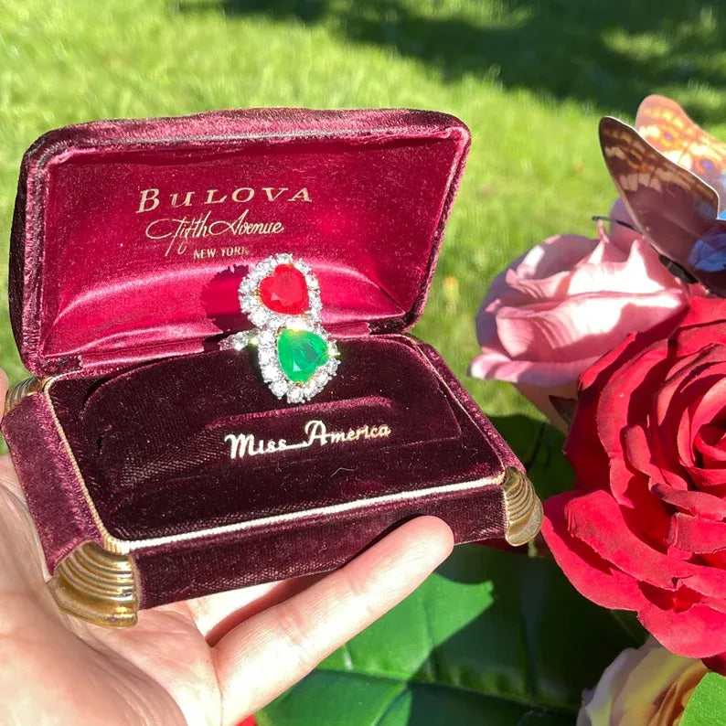 Mesmerizing Fabulous Magnificent Mother &amp; Daughter, Double Heart, Ruby and Emerald Ring, July and May Birthstones, Luxury Gift for Her