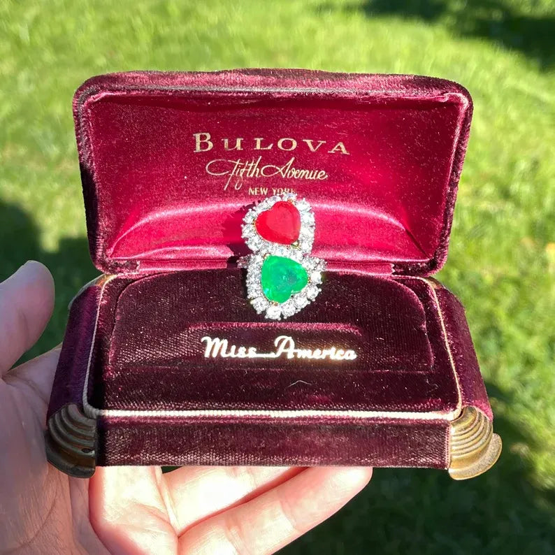 Mesmerizing Fabulous Magnificent Mother &amp; Daughter, Double Heart, Ruby and Emerald Ring, July and May Birthstones, Luxury Gift for Her
