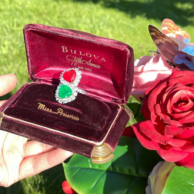 Mesmerizing Fabulous Magnificent Mother &amp; Daughter, Double Heart, Ruby and Emerald Ring, July and May Birthstones, Luxury Gift for Her