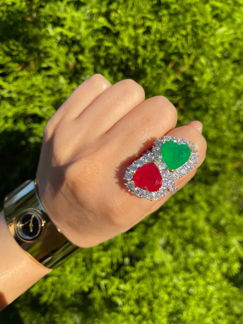 Mesmerizing Fabulous Magnificent Mother &amp; Daughter, Double Heart, Ruby and Emerald Ring, July and May Birthstones, Luxury Gift for Her