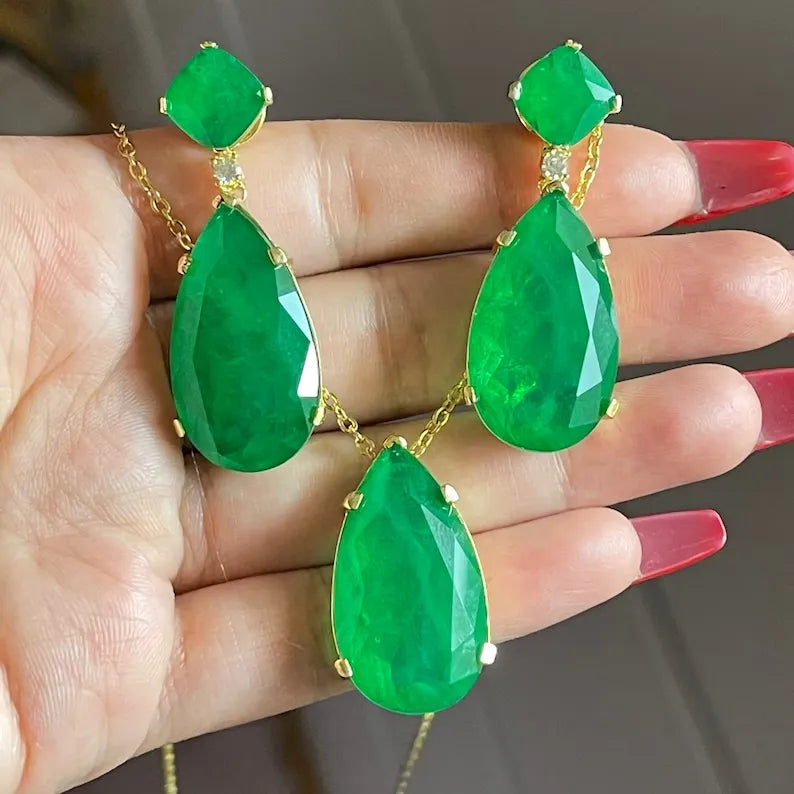 Forest Green 100% Genuine Zambian Emerald Dangle &amp; Drop Earrings + Necklace Jewelry Set 45mm long 18K Yellow Gold Over