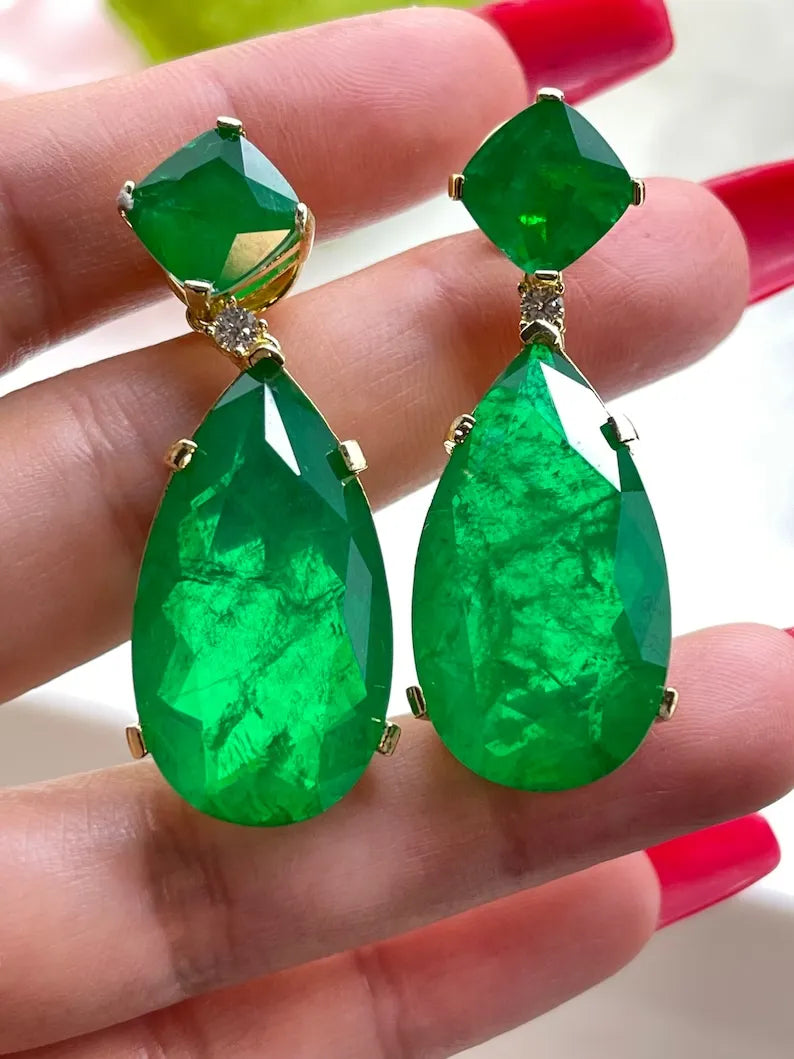 Forest Green 100% Genuine Zambian Emerald Dangle &amp; Drop Earrings + Necklace Jewelry Set 45mm long 18K Yellow Gold Over