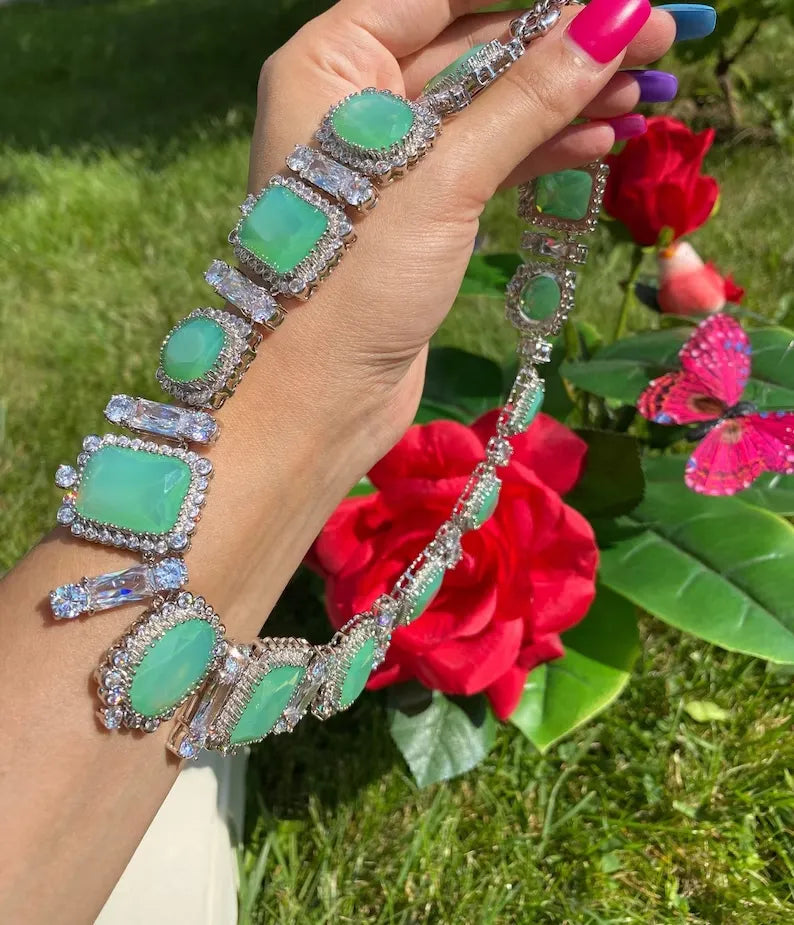 Beyond Luxury, Pale Green Natural Ethiopian Fire Opal and Diamond Choker Necklace, Palladium 925 Sterling Silver, Luxury Gift Charm Necklace