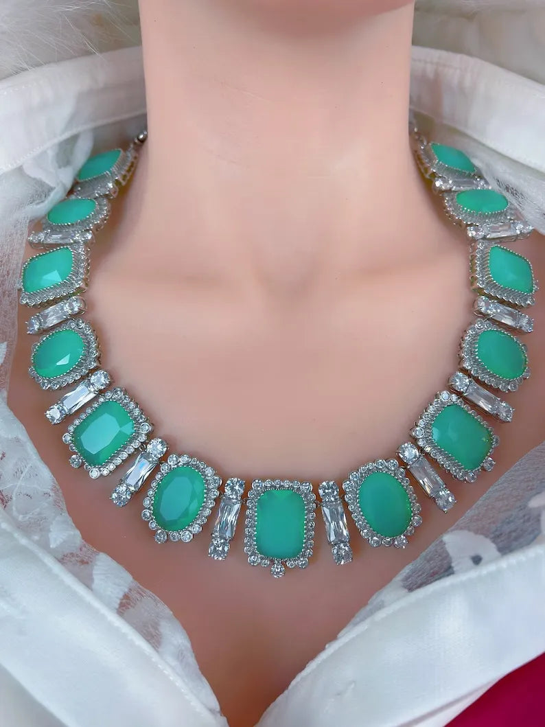 Beyond Luxury, Pale Green Natural Ethiopian Fire Opal and Diamond Choker Necklace, Palladium 925 Sterling Silver, Luxury Gift Charm Necklace