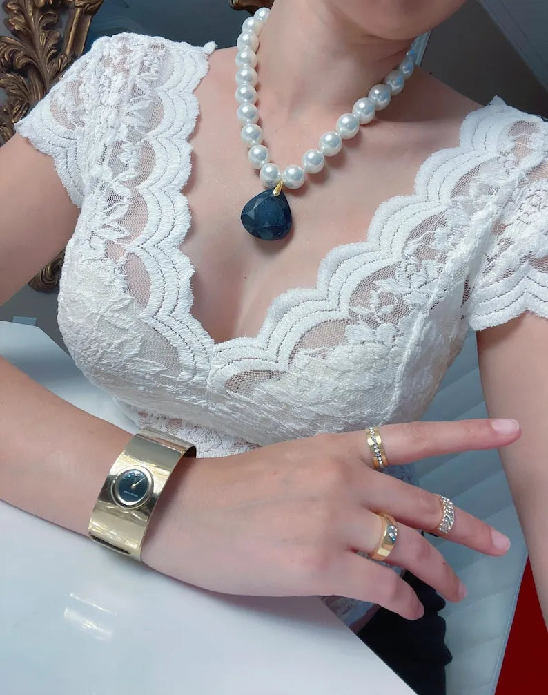 100% Real Freshwater Pearl and Sapphire Necklace Madagascar, Large Beautiful Charm Necklace, Limited Edition, Designer MasterPiece, Gift