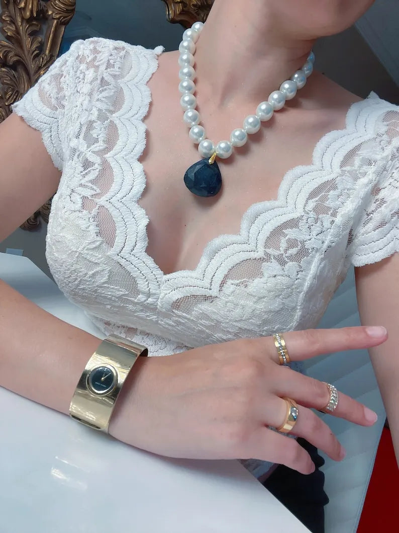 100% Real Freshwater Pearl and Sapphire Necklace Madagascar, Large Beautiful Charm Necklace, Limited Edition, Designer MasterPiece, Gift