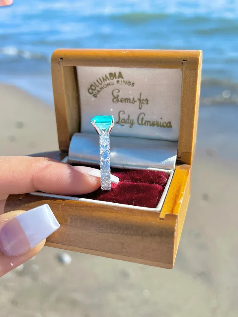 Glowing! 3ct Genuine Neon Colombian Emerald Muzo Solitaire Engagement Ring, Diamond Band, Amazing Colour and Glow, Emerald Promise Ring 925