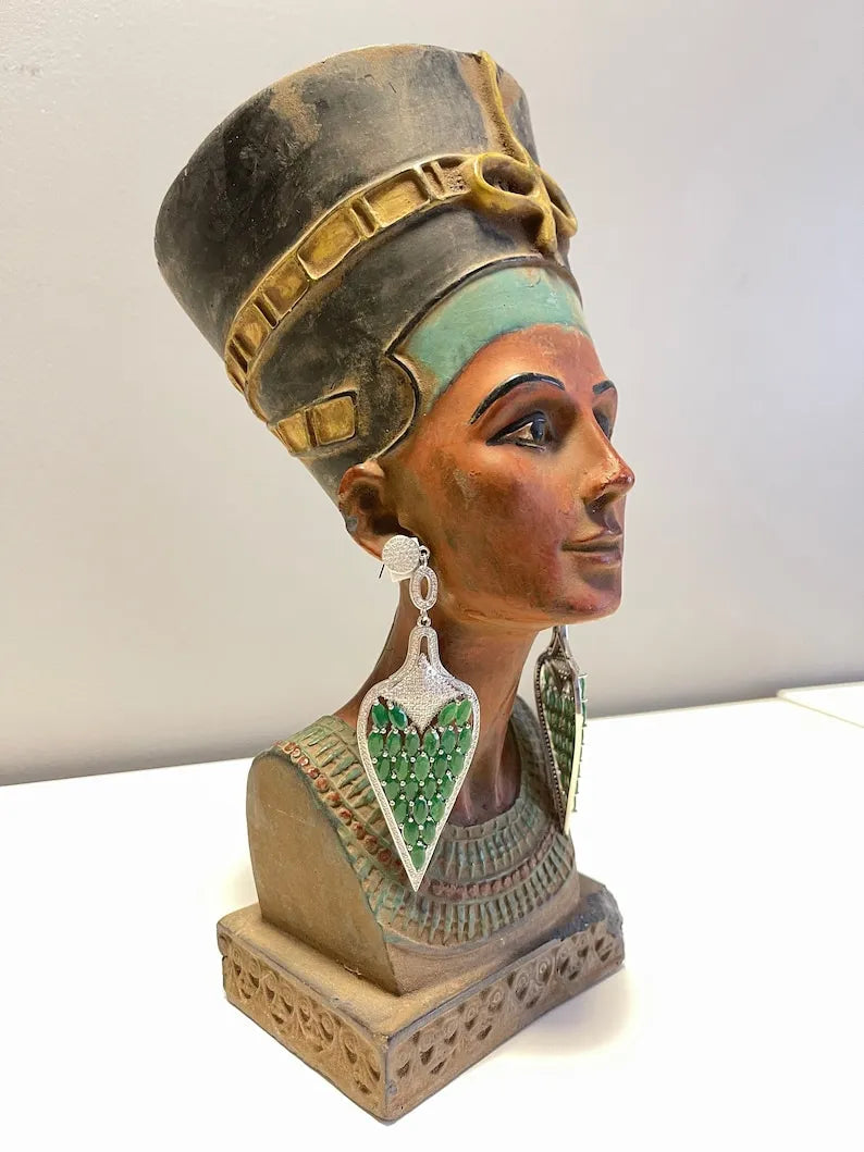 Queen Nefertiti Style Huge Natural Emerald Earrings MasterPiece of Art and Elegance 4 Inch Long, Gift for Her, Emerald Dangle Drop Earrings