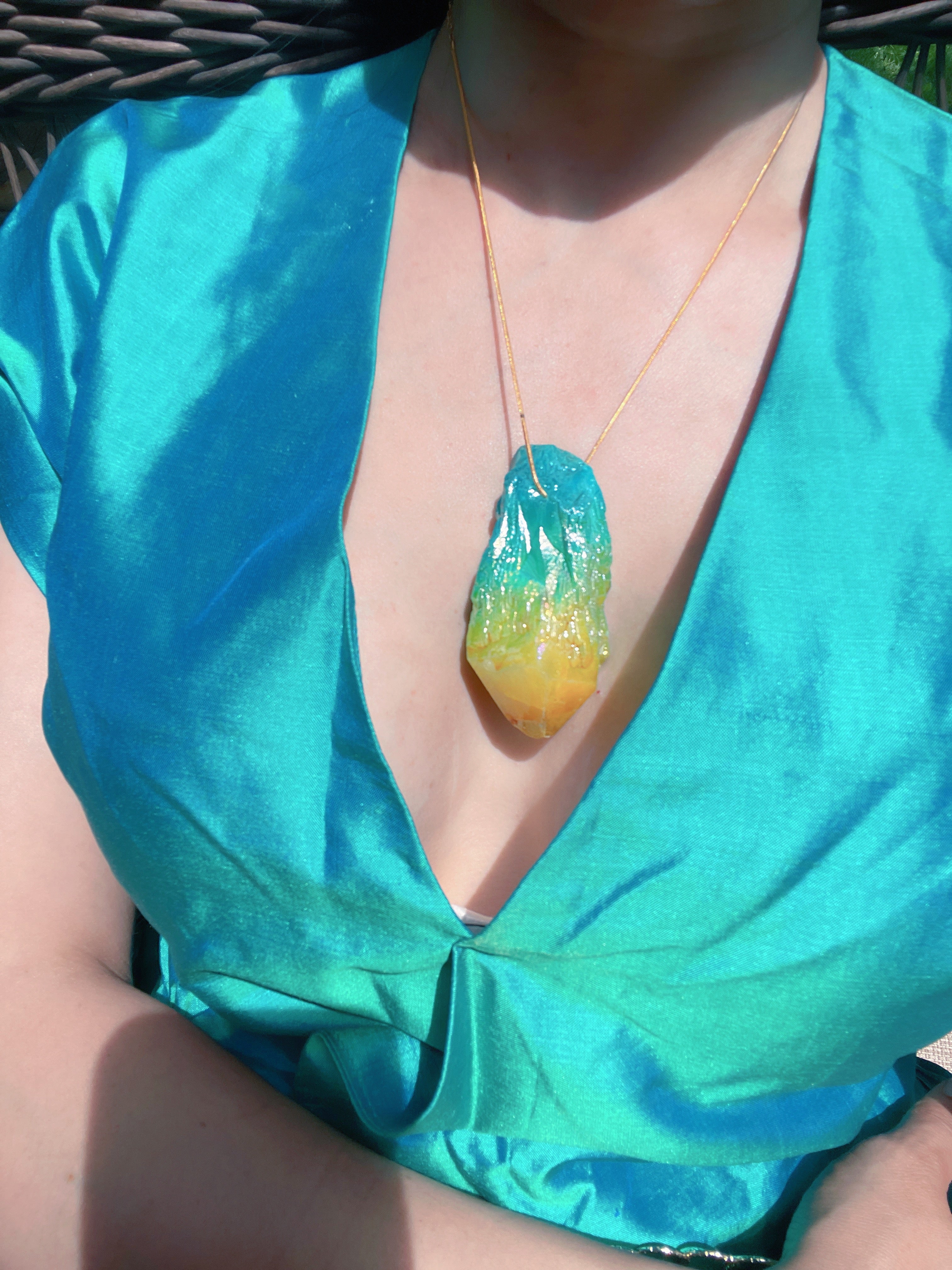 Exotic Natural Bi Color Tourmaline Necklace Pendant Ocean Blue and Yellow Brazil Gem