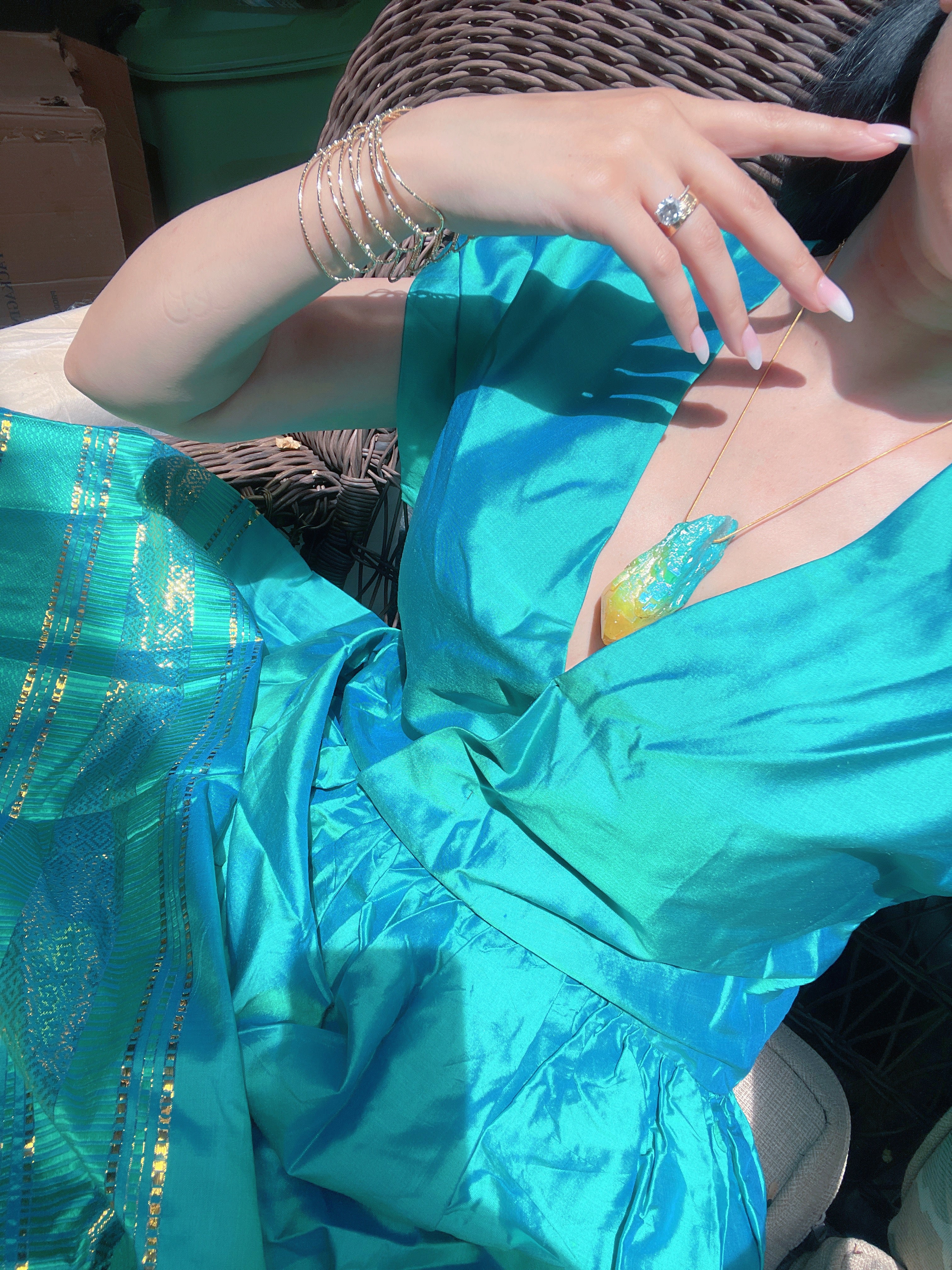 Exotic Natural Bi Color Tourmaline Necklace Pendant Ocean Blue and Yellow Brazil Gem