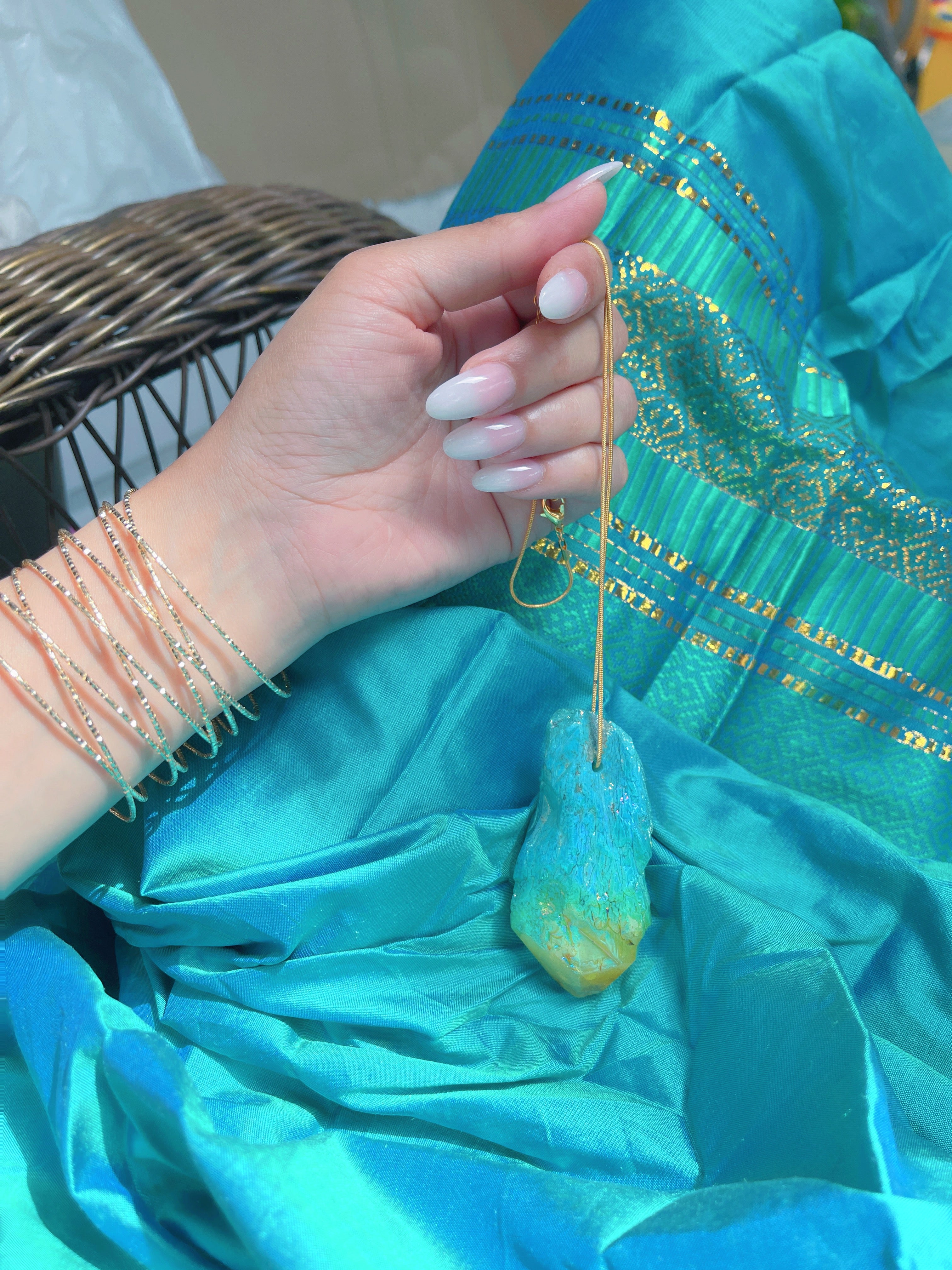 Exotic Natural Bi Color Tourmaline Necklace Pendant Ocean Blue and Yellow Brazil Gem