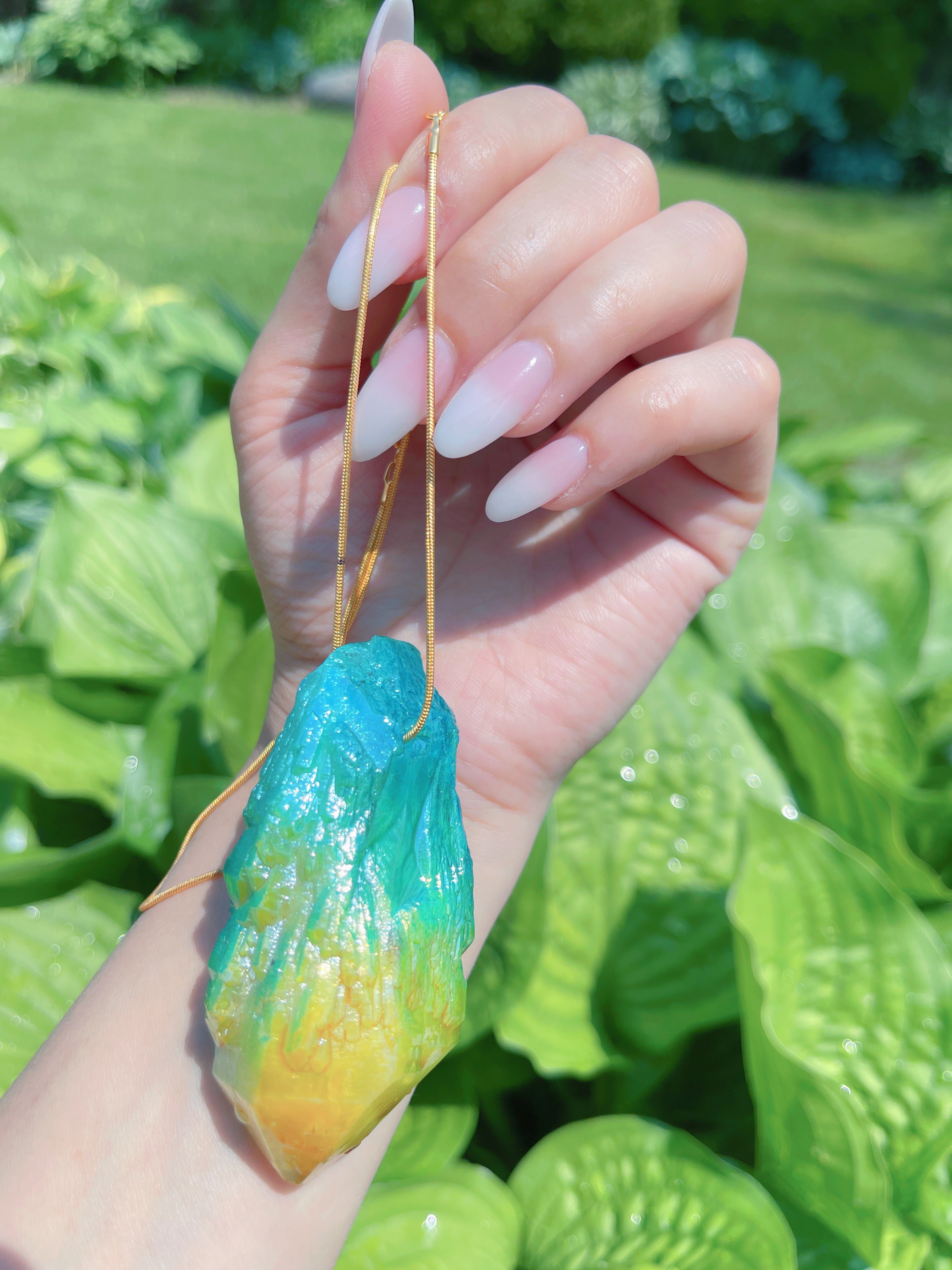 Exotic Natural Bi Color Tourmaline Necklace Pendant Ocean Blue and Yellow Brazil Gem