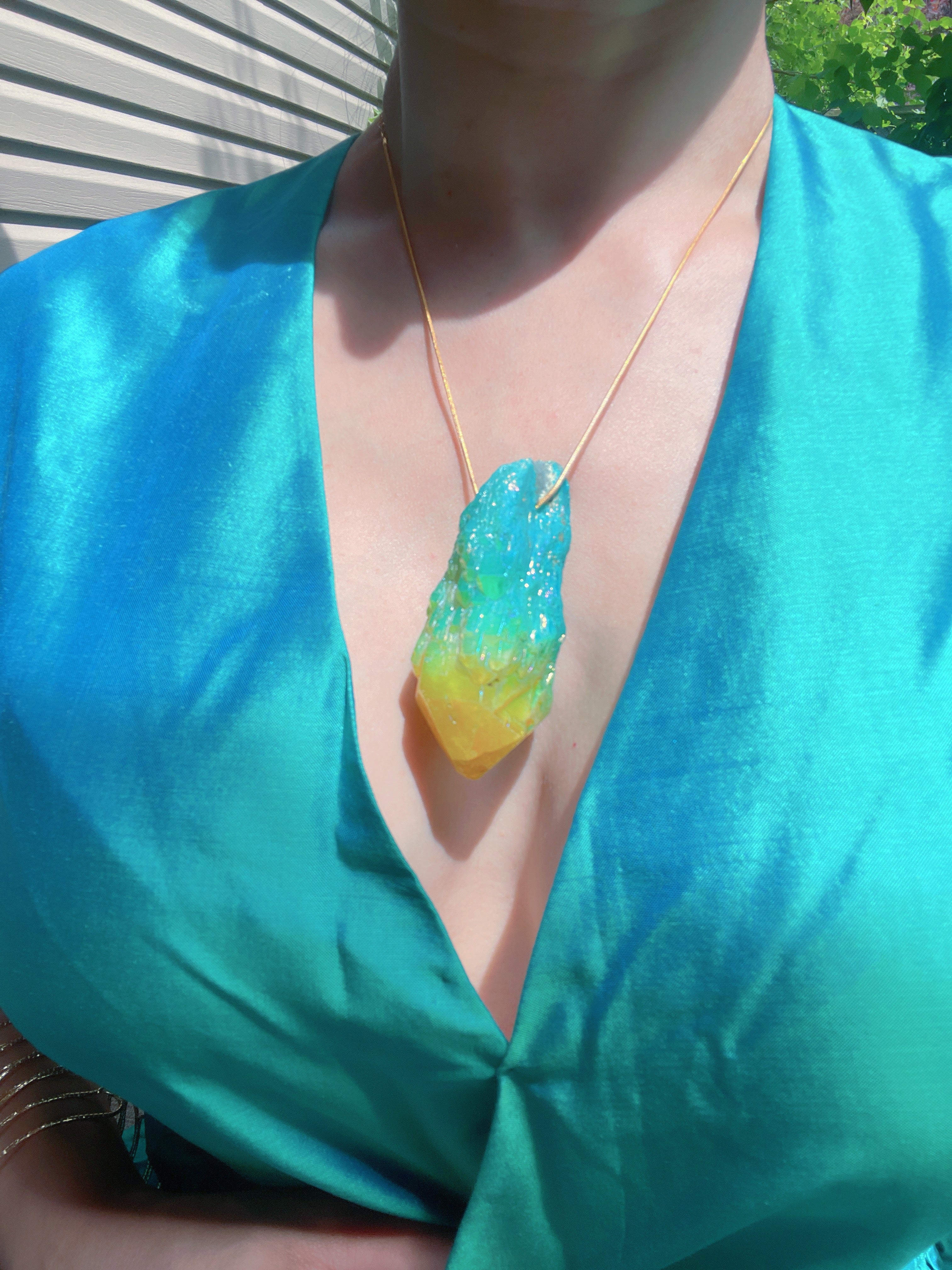 Exotic Natural Bi Color Tourmaline Necklace Pendant Ocean Blue and Yellow Brazil Gem
