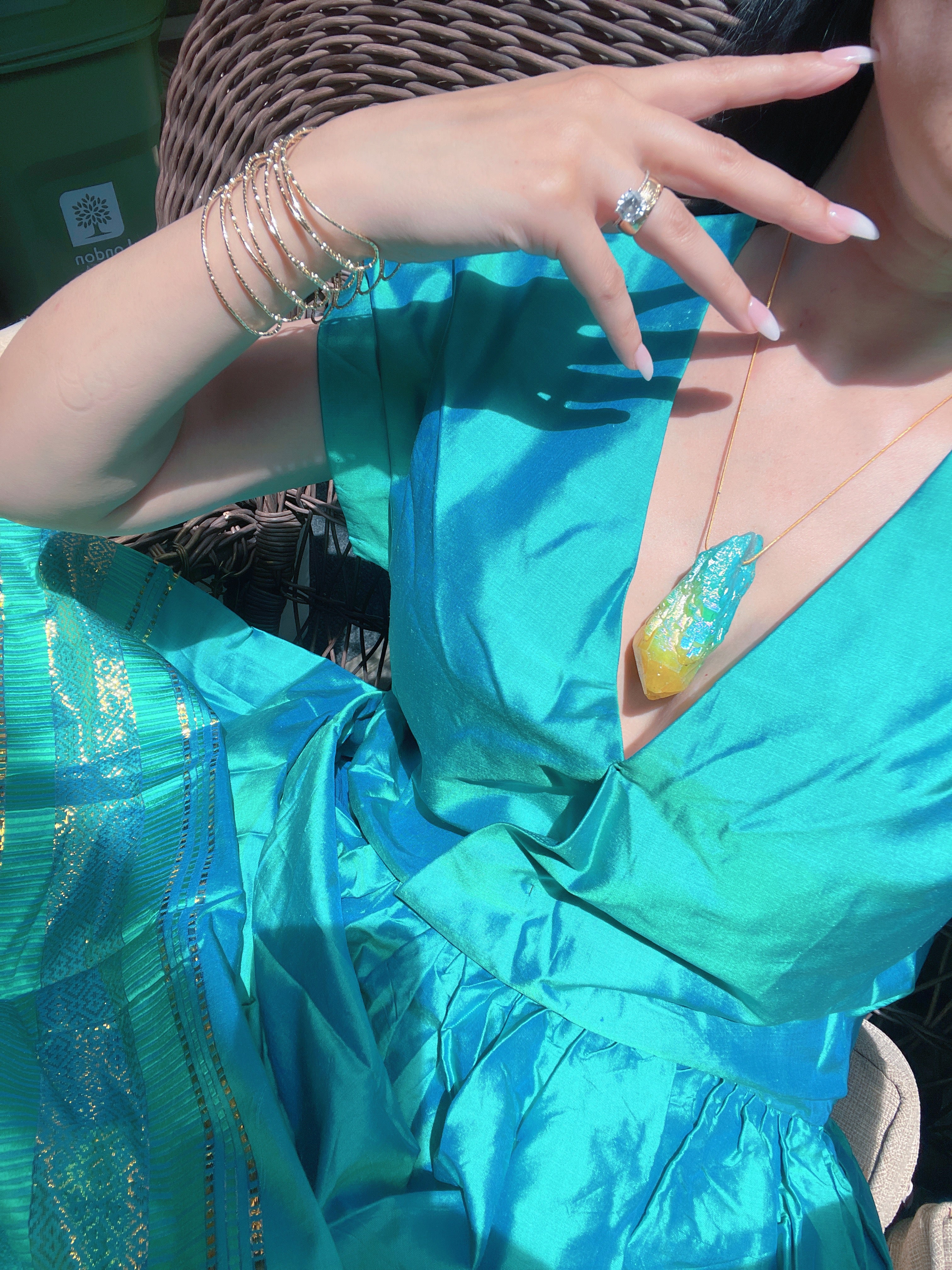 Exotic Natural Bi Color Tourmaline Necklace Pendant Ocean Blue and Yellow Brazil Gem