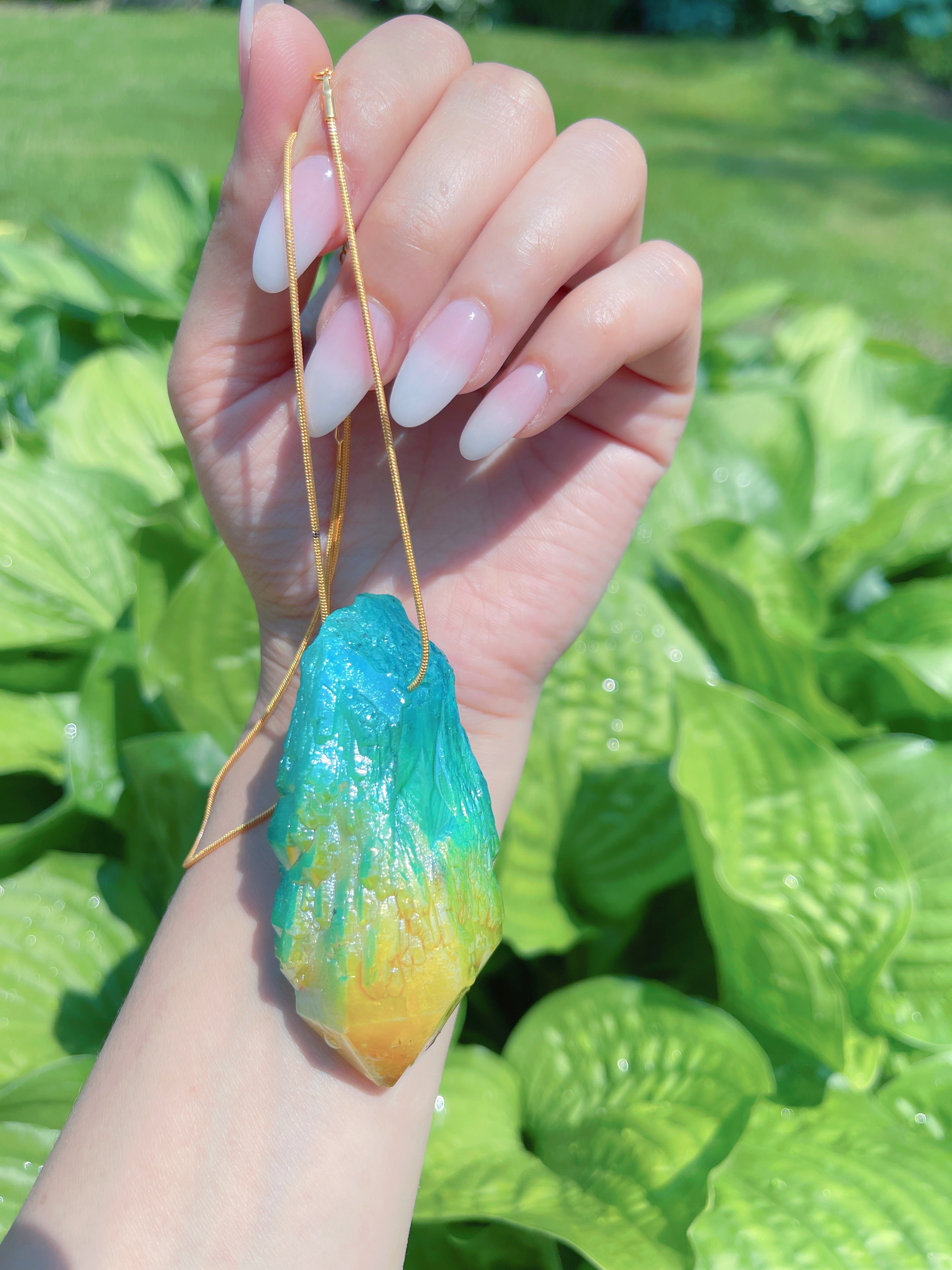 Exotic Natural Bi Color Tourmaline Necklace Pendant Ocean Blue and Yellow Brazil Gem