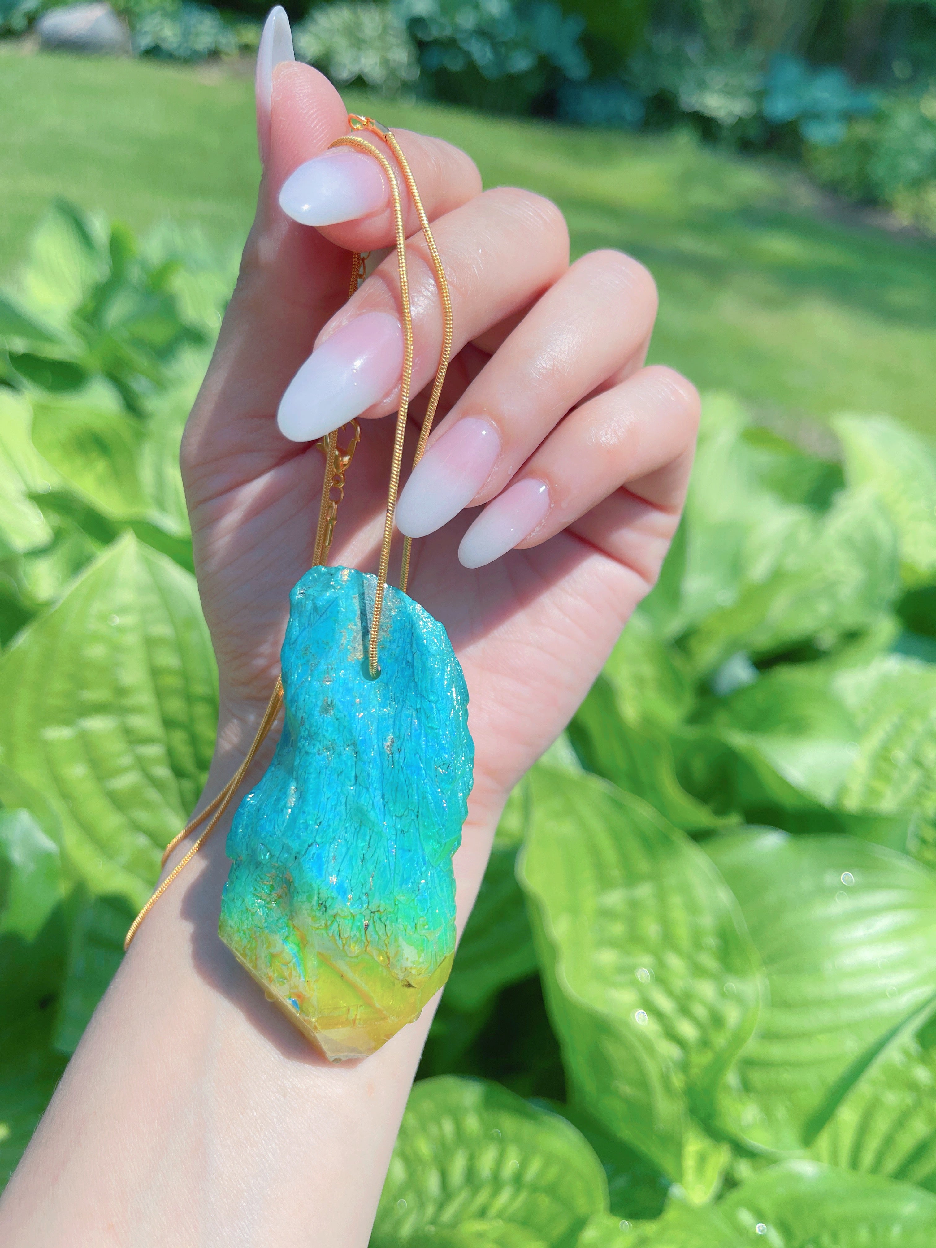 Exotic Natural Bi Color Tourmaline Necklace Pendant Ocean Blue and Yellow Brazil Gem