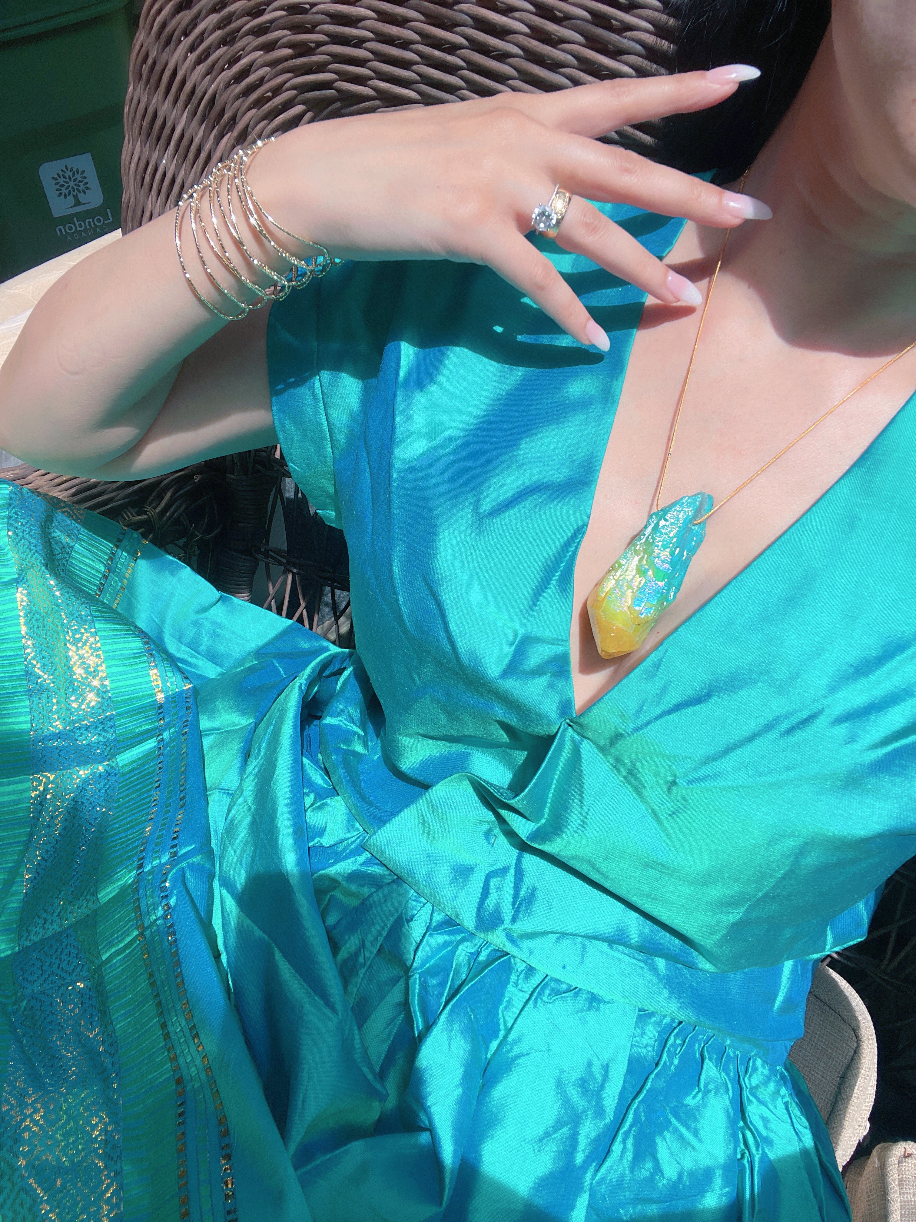 Exotic Natural Bi Color Tourmaline Necklace Pendant Ocean Blue and Yellow Brazil Gem